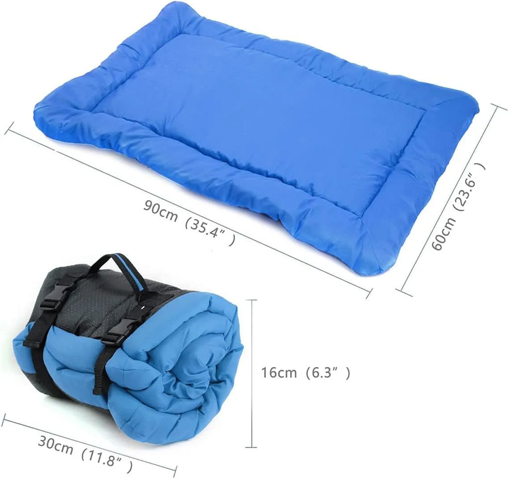 Outdoor dog bed in Blue, 90x60cm size, showing foldable design with nylon buckles on non-slip base