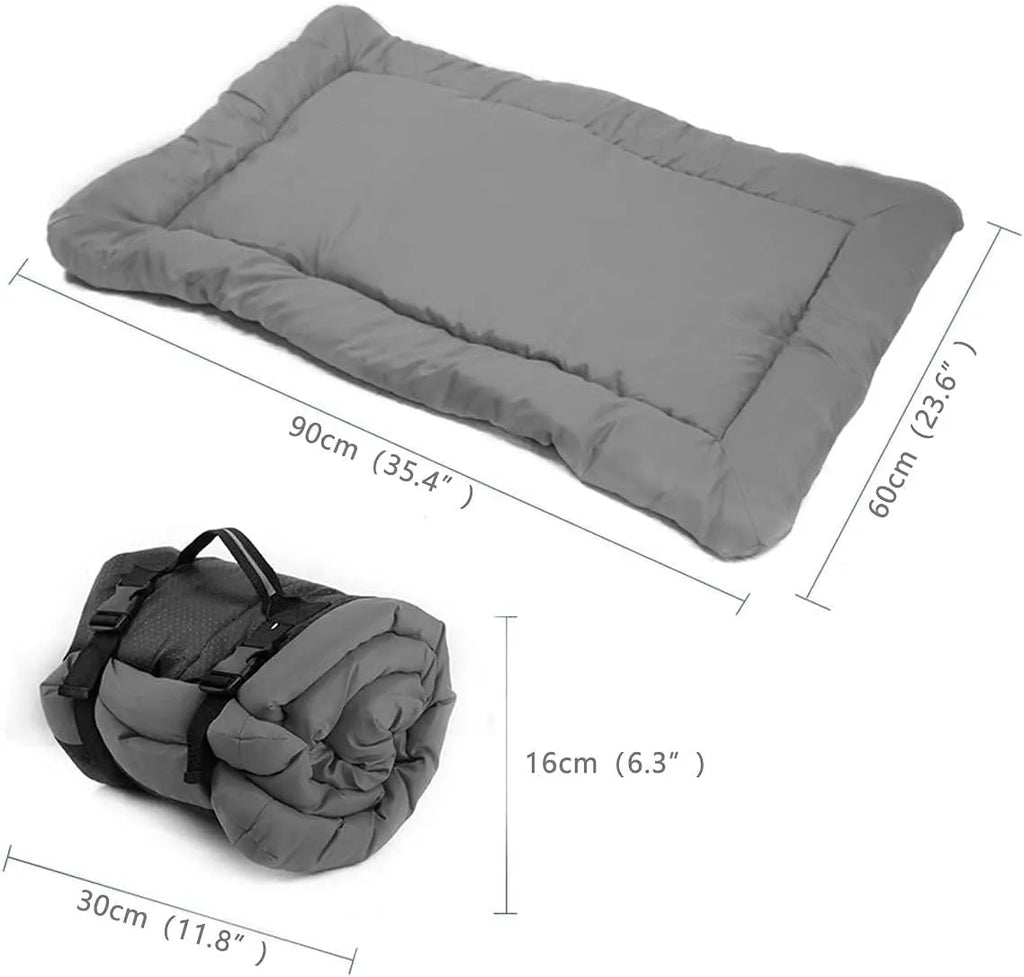 Outdoor dog bed in Blue, 90x60cm size, showing foldable design with nylon buckles on non-slip base