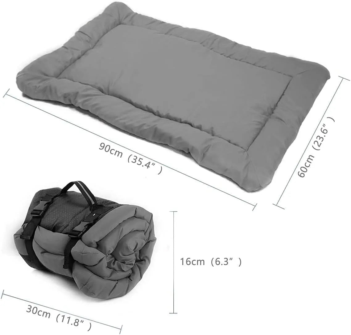 Outdoor dog bed in Blue, 90x60cm size, showing foldable design with nylon buckles on non-slip base