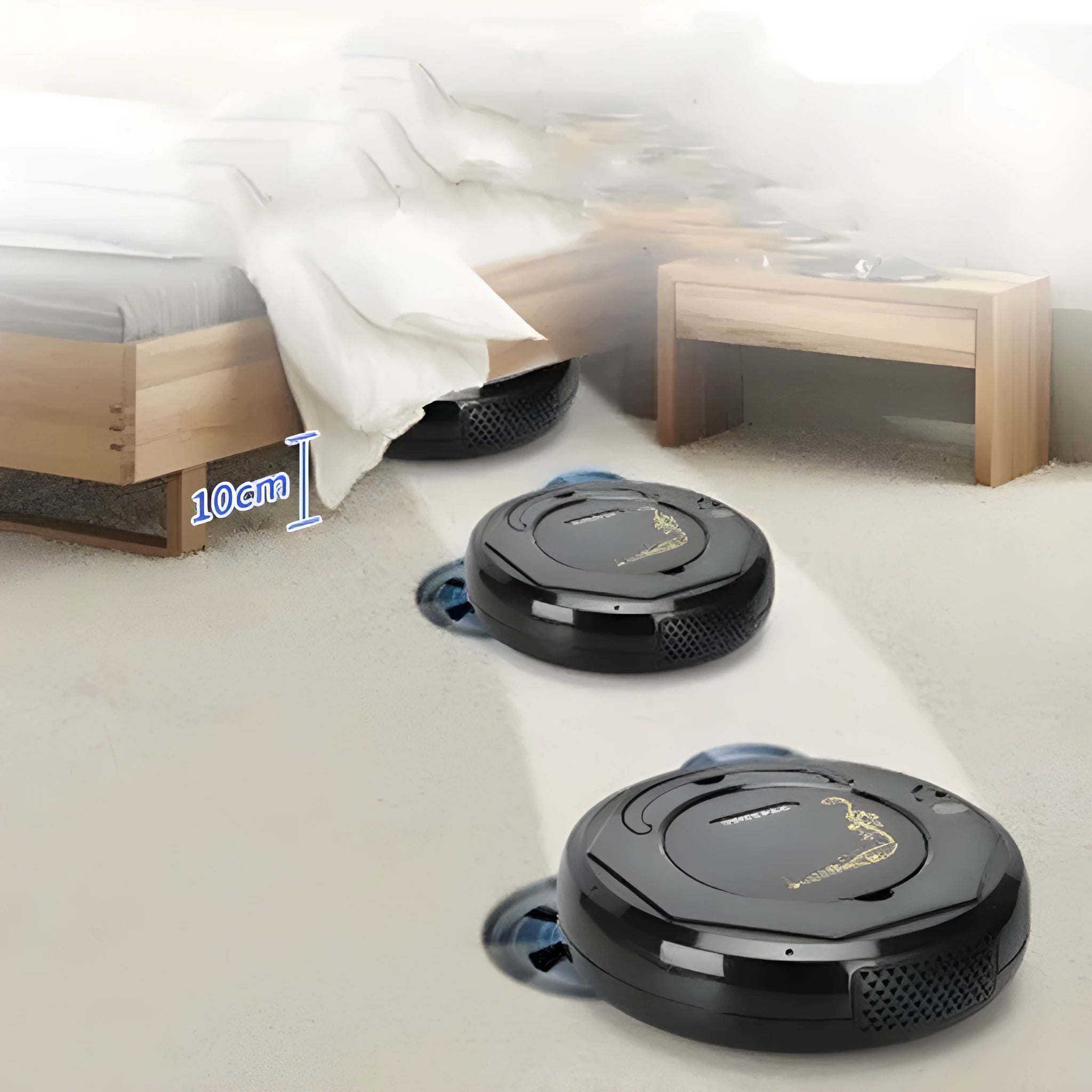 Blue robotic floor cleaning vacuum cleaner on a wooden floor.