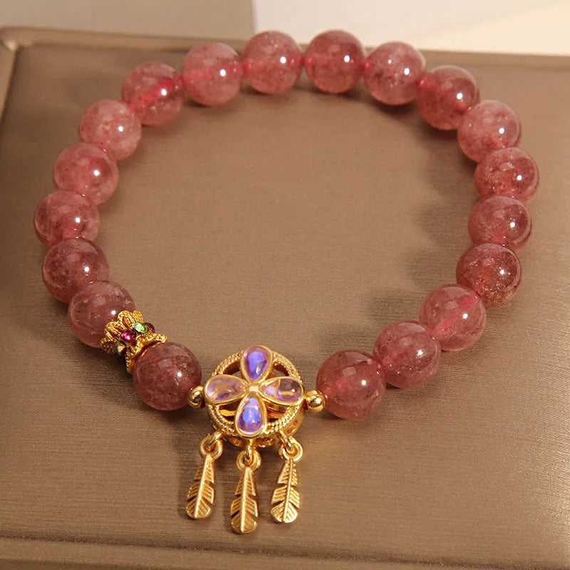 Natural strawberry quartz bracelet with four-leaf dream catcher pendant on adjustable cord, women's original design