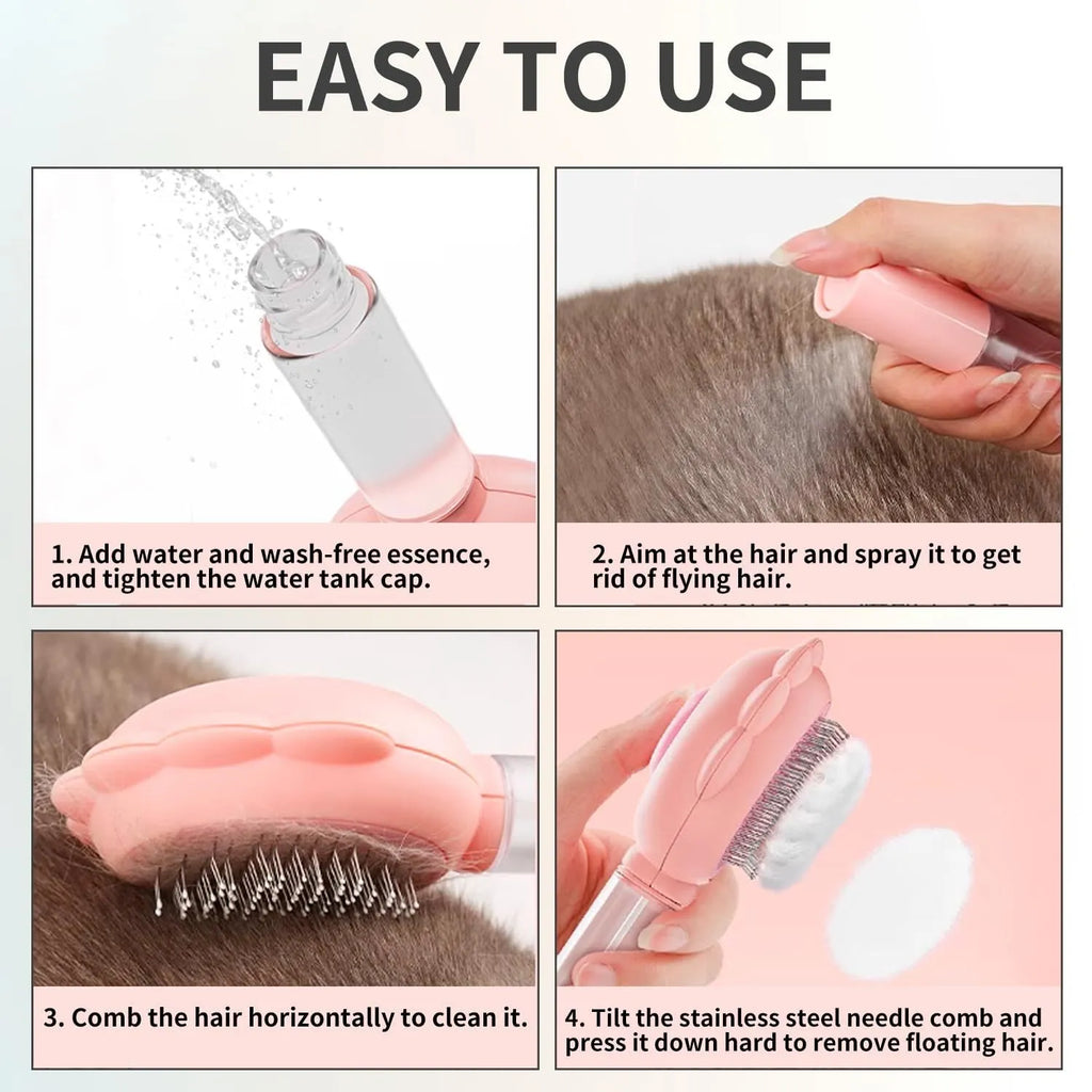 Grey green pink spray function cat grooming brush with release button and curved stainless steel pins