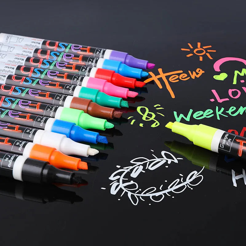 Electronic fluorescent board highlighter with 6mm oblique tip showing pressure valve mechanism and colour options