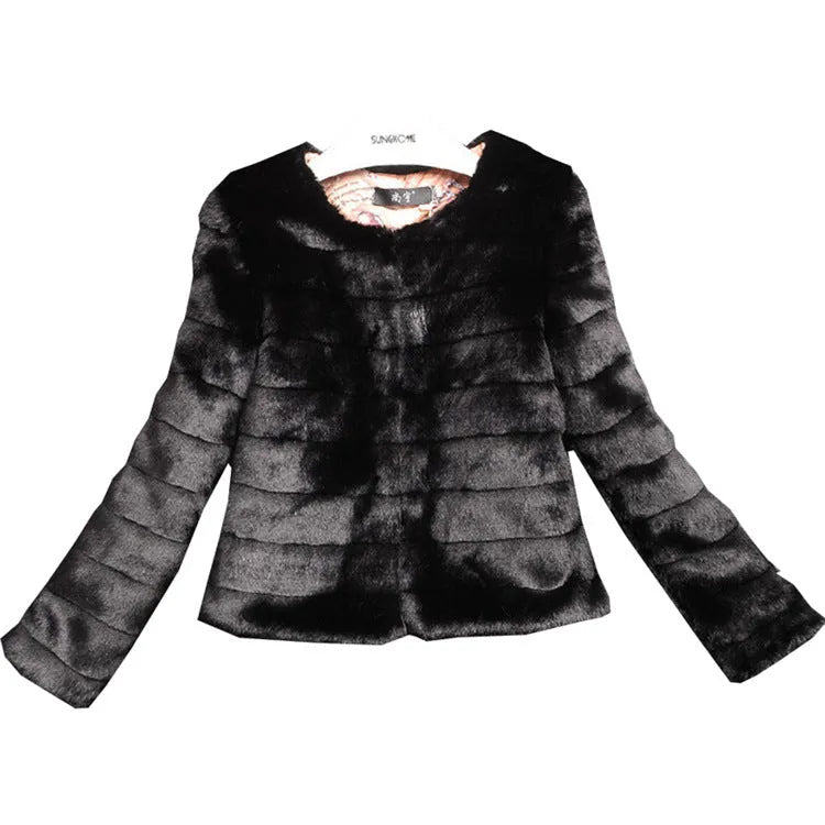 Women's short sleeved faux fur top in beige, shown on a model, with a street fashion style.