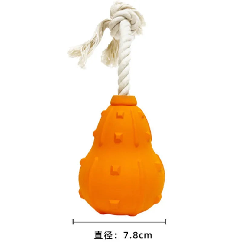 Natural rubber dog chew toy with a long strap and hollow centre for treat dispensing.