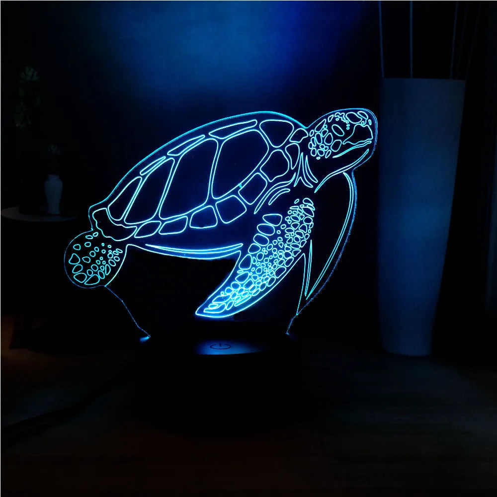 3D acrylic turtle LED night light showing colour-changing illumination and remote control