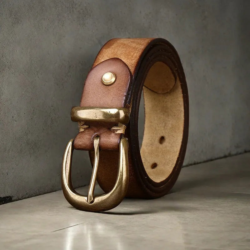 Men's casual cattlehide leather belt with copper pin buckle in black, brown, or khaki
