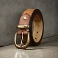 Men's casual cattlehide leather belt with copper pin buckle in black, brown, or khaki