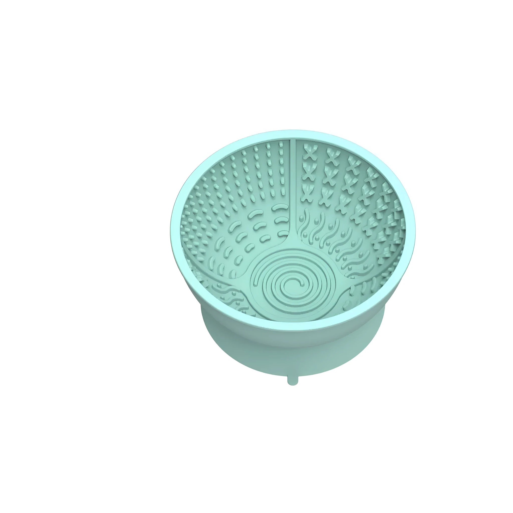 Cyan silicone pet bowl with textured slow feeder pattern and a suction cup base