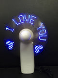 White handheld mini fan with flashing blue and red I love you LED display