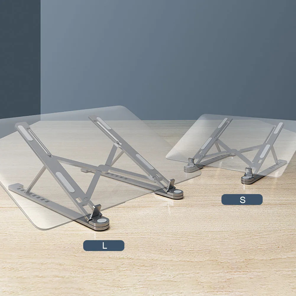 Portable foldable aluminum laptop stand shown in silver colour at an adjustable angle