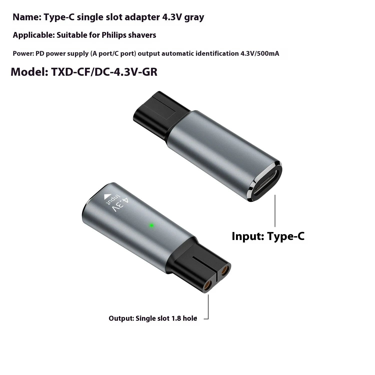 USB C charging adapter for electric shaver with aluminium alloy casing in black or grey