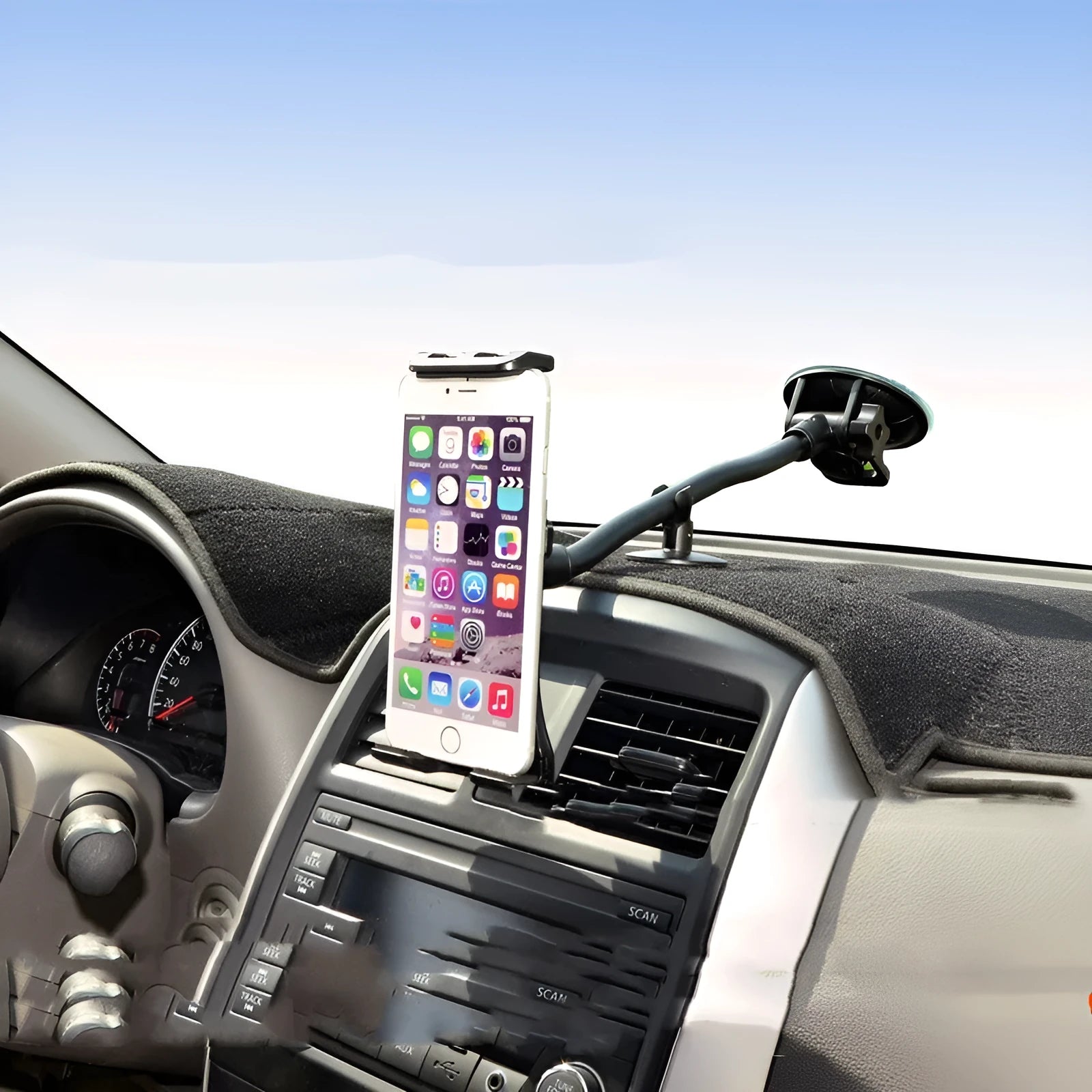 Black universal 4-12 inch vehicle-mounted tablet holder with long suction cup arm for car dashboard