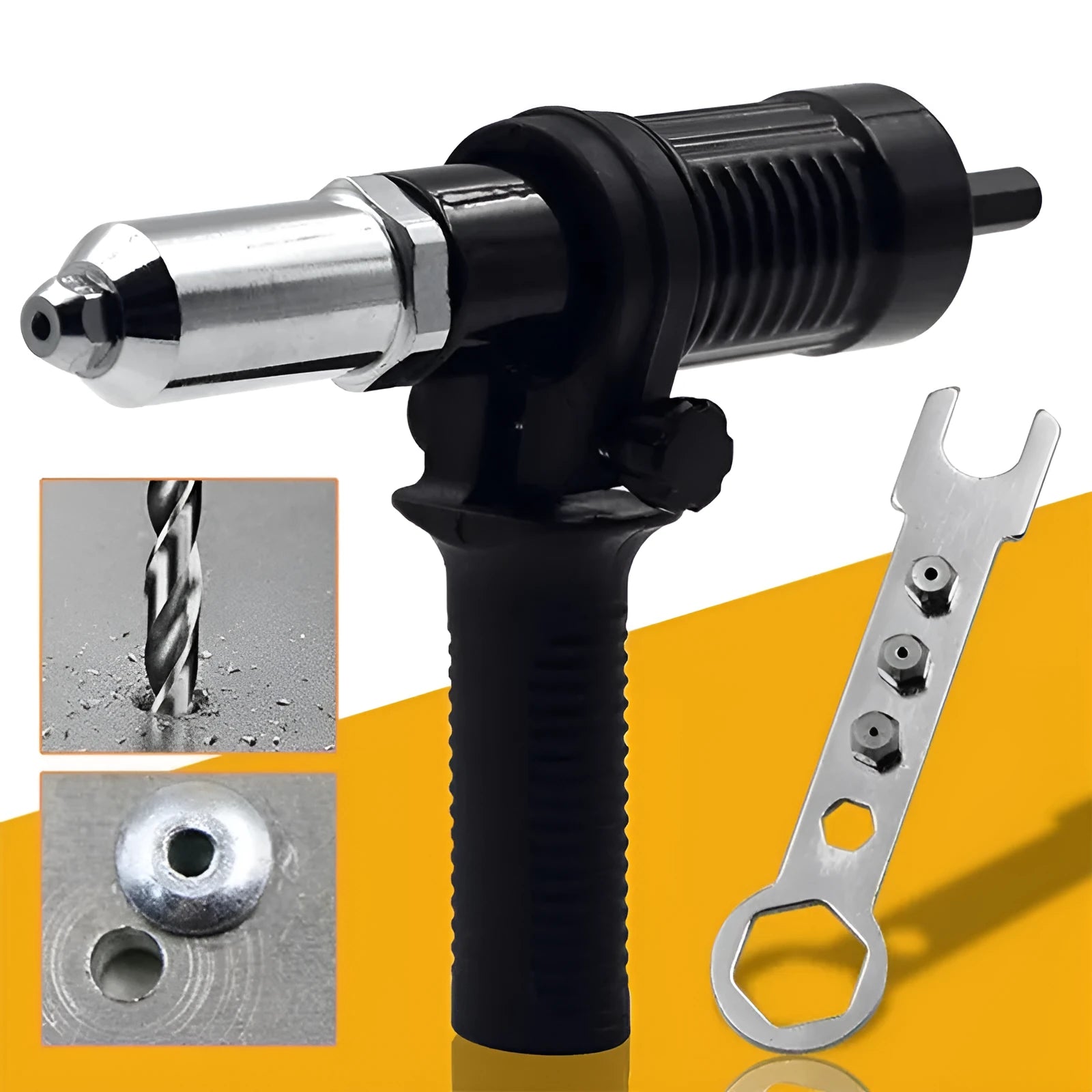 Black metal electric drill rivet gun measuring 173mm long with alloy steel forged head.