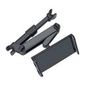 Black plastic car phone holder mounted on rear seat base holding a tablet for navigation