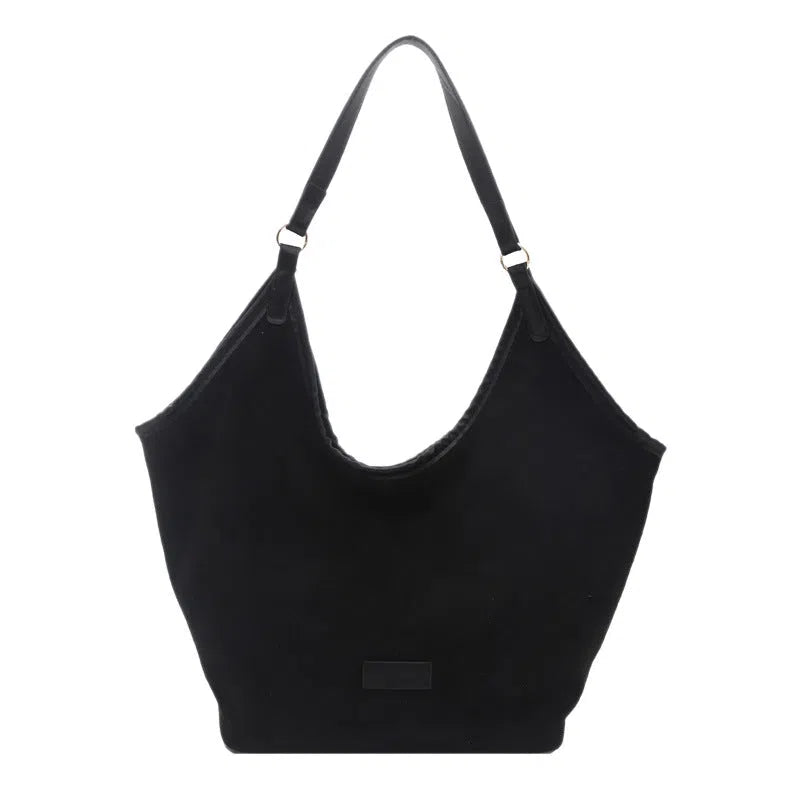 Women's corduroy tote bag with stitched seams, phone pocket, black colour, 45x20.5x37.5cm