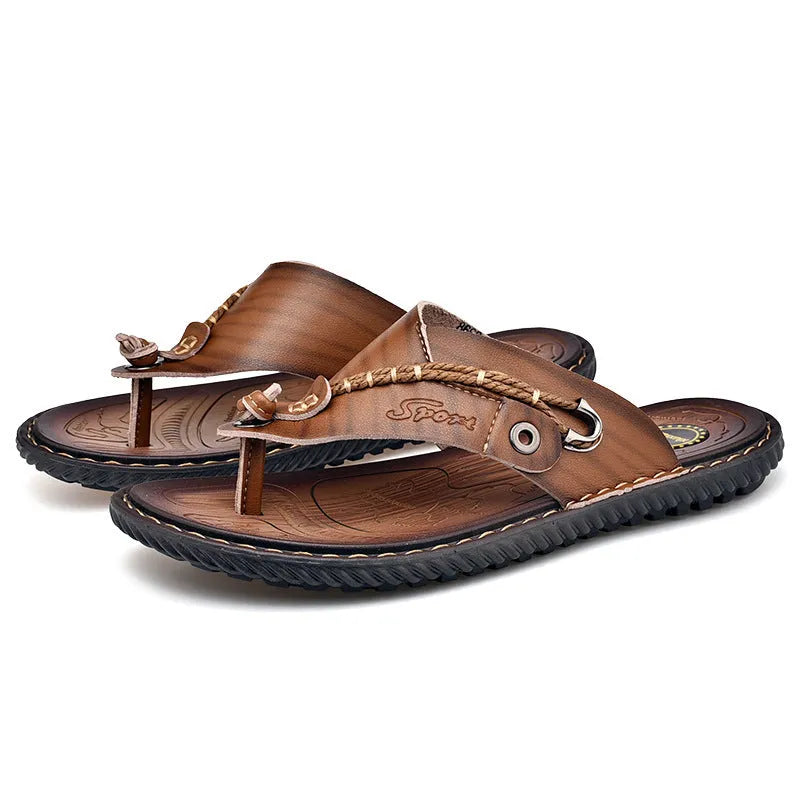 Men's black non-slip lightweight PU leather casual slippers shown from the side.