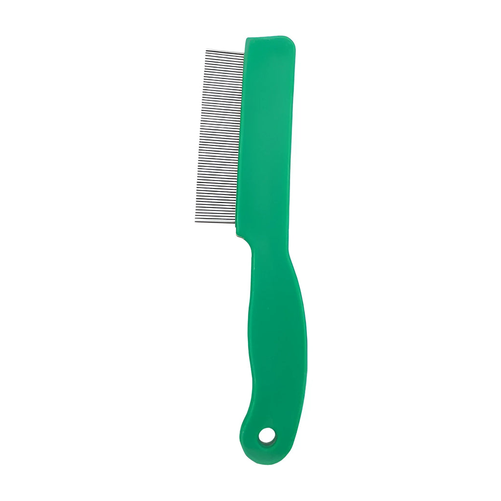 Green plastic handle stainless steel pet flea comb for dogs and cats on white background