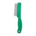 Green plastic handle stainless steel pet flea comb for dogs and cats on white background