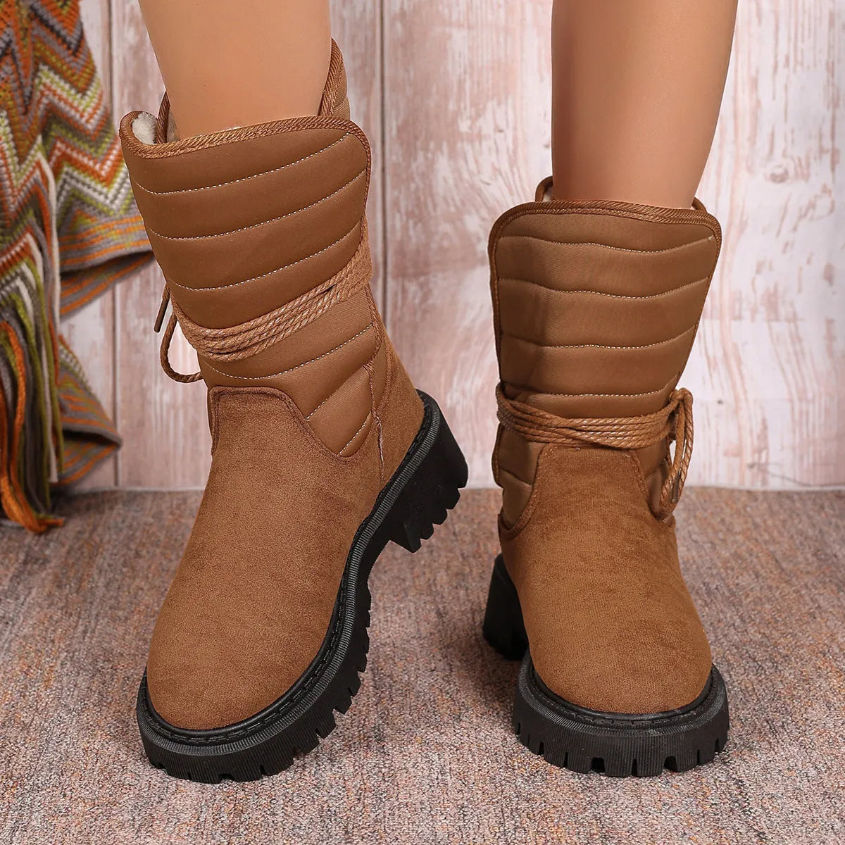 Women's chunky heel snow boots in suede with lace-up front and fleece lining