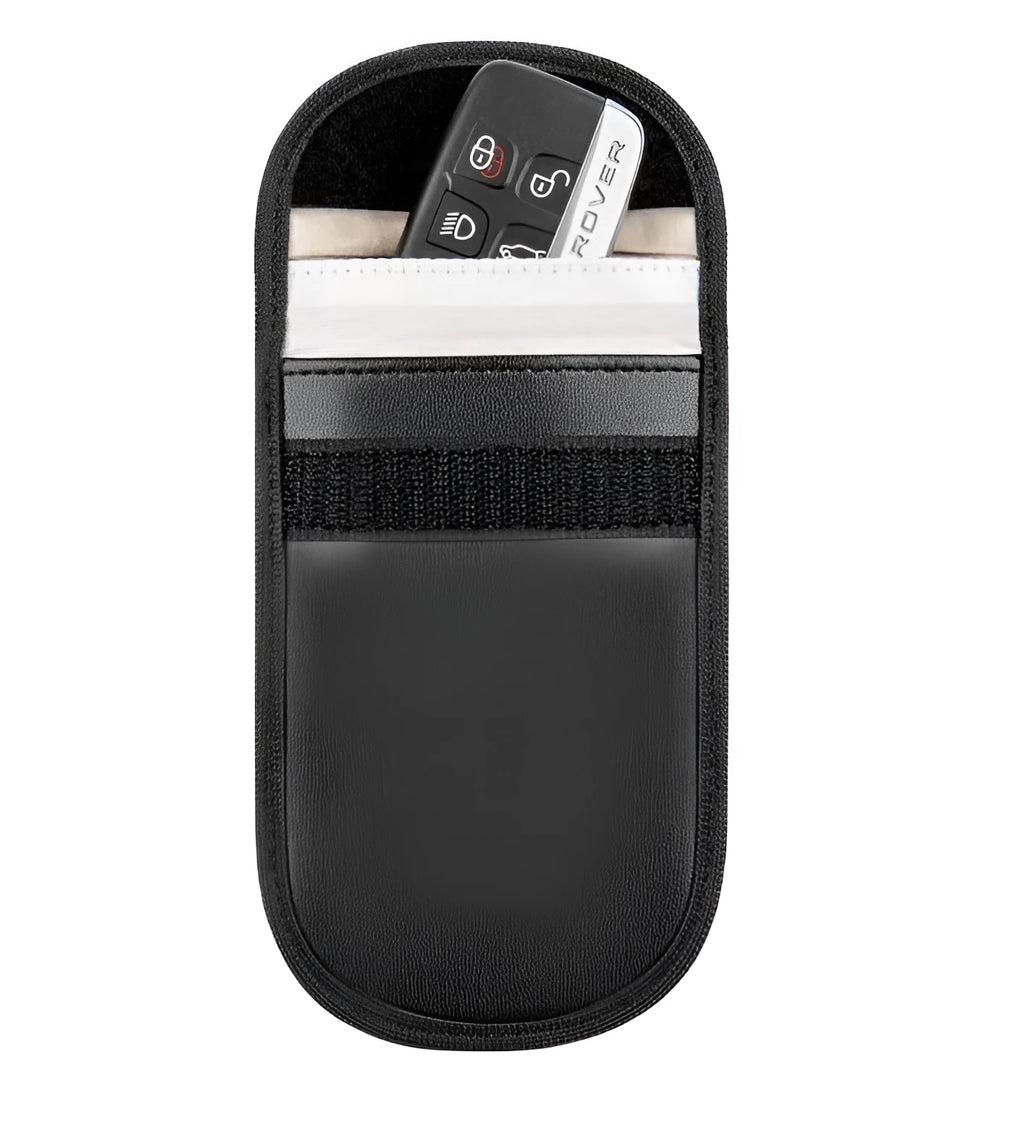 Black microfiber RFID-blocking Faraday bag for car key fobs and credit cards.