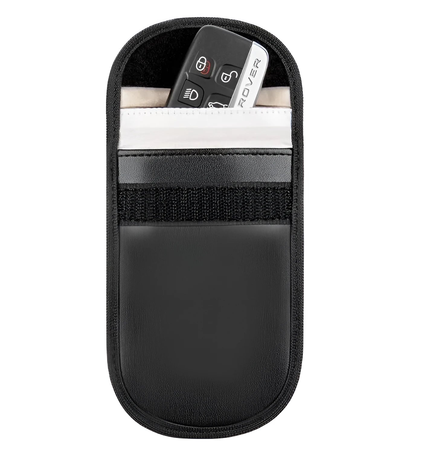 Black microfiber RFID-blocking Faraday bag for car key fobs and credit cards.