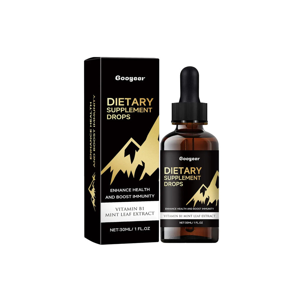 Bottle of liquid dietary supplement drops with dropper against plain background