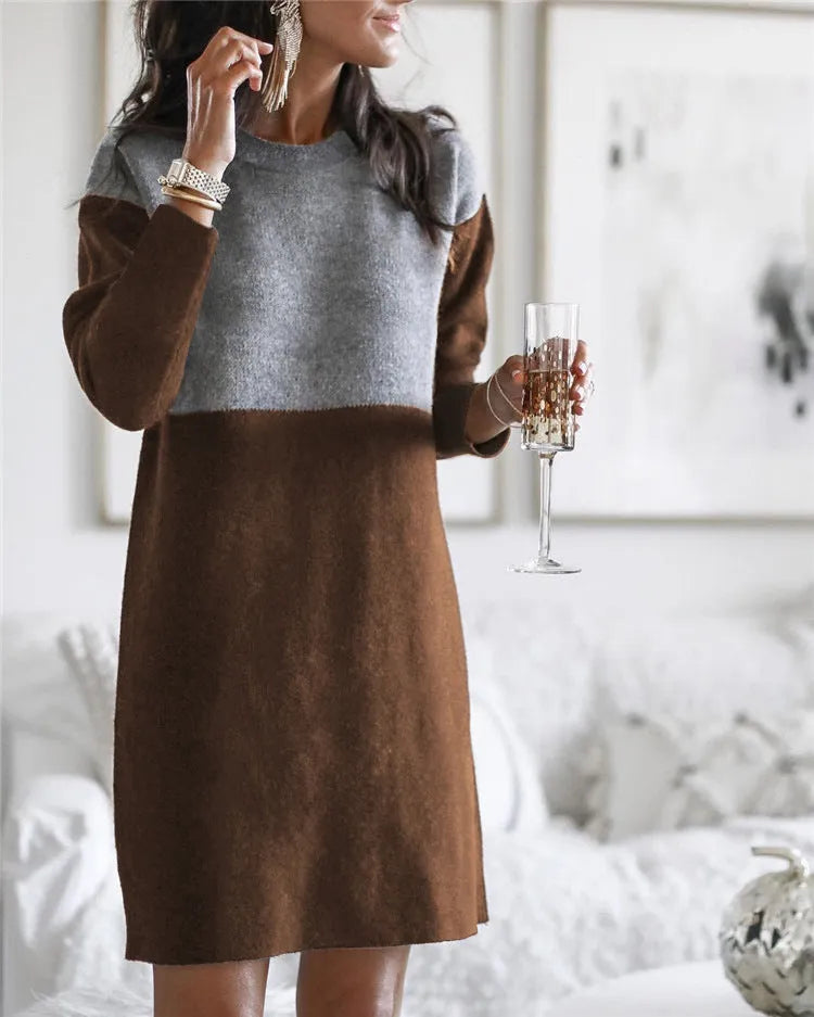 Brown women's polar fleece sweater dress with princess skirt and patchwork stitching details