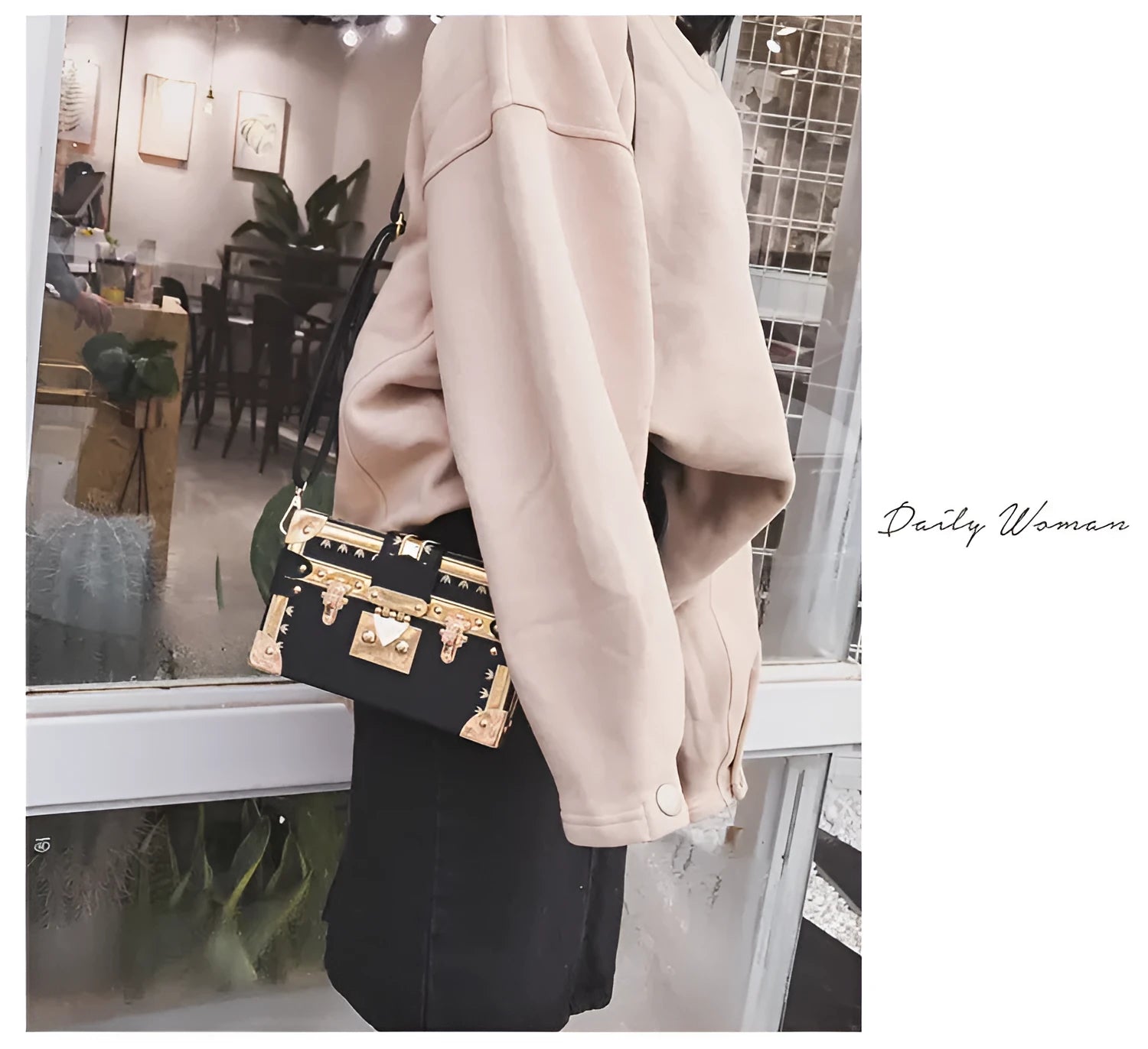 Hard-shell women's shoulder bag with single strap, flap closure, and decorative rivet details in black or green colour