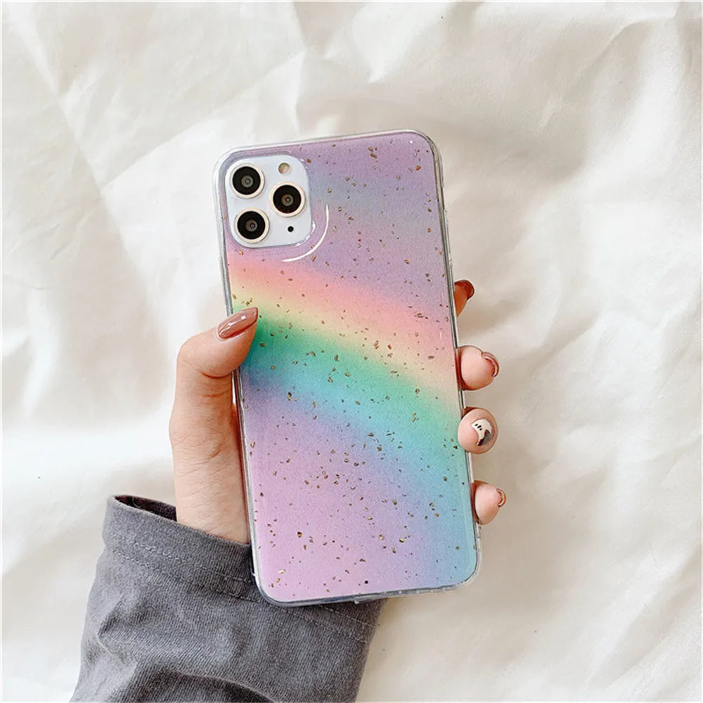 Rainbow gradient TPU phone case with striped design for iPhone models
