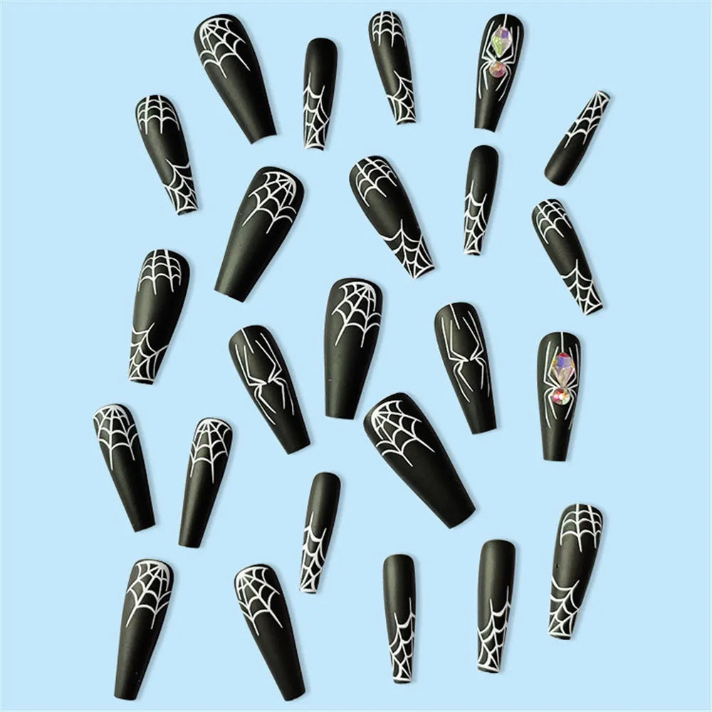 Set of 24 dark spider nail art pieces with glue, long length, sweet and cool INS style cartoon pattern