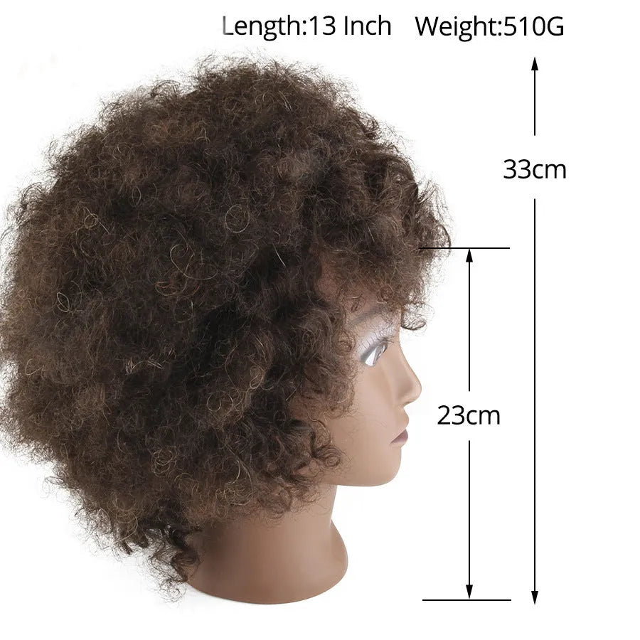 Black real human hair model wig with short fluffy style on head mold for salon display
