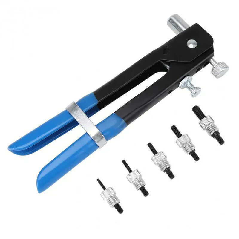 Manual alloy steel riveter nut set with rivet nuts and adapters from a 86-piece or 106-piece kit