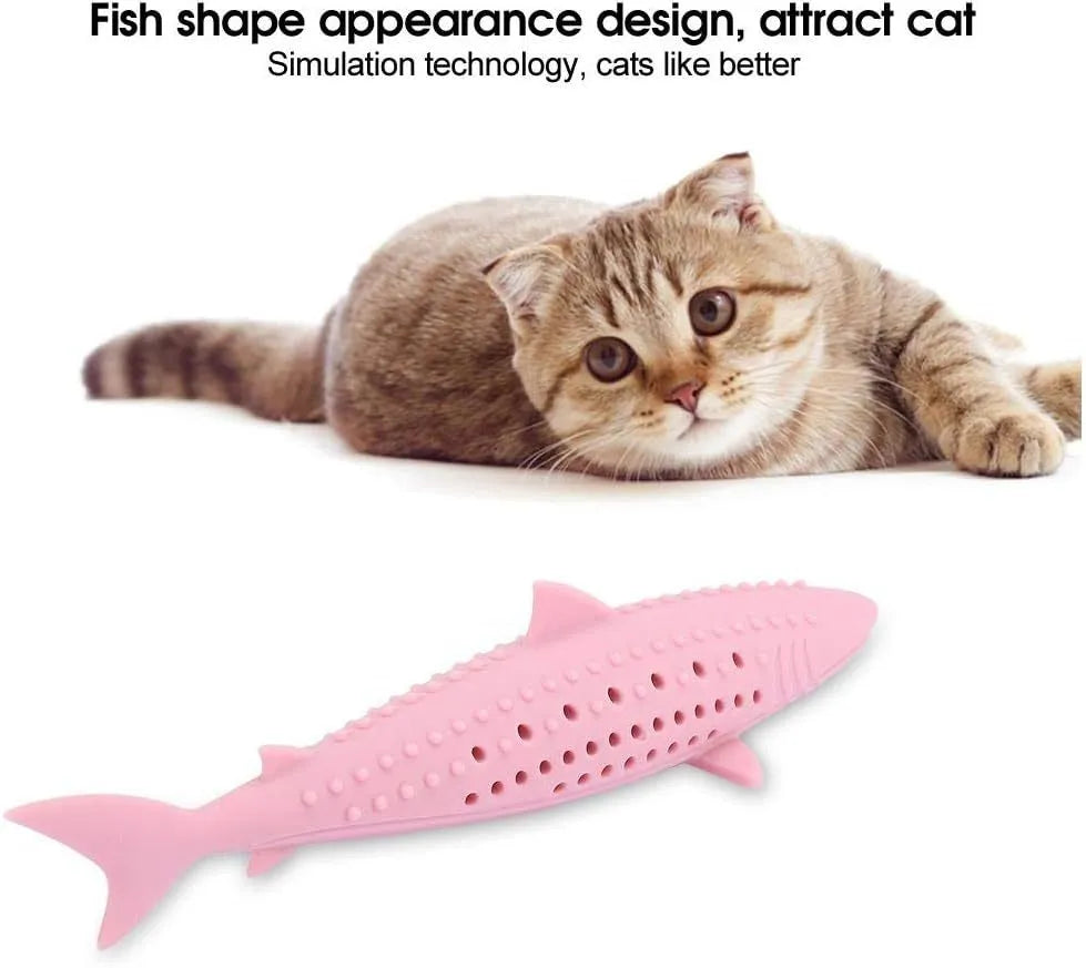 Green silicone fish-shaped chew toy for cats on a white background, showing side air holes.