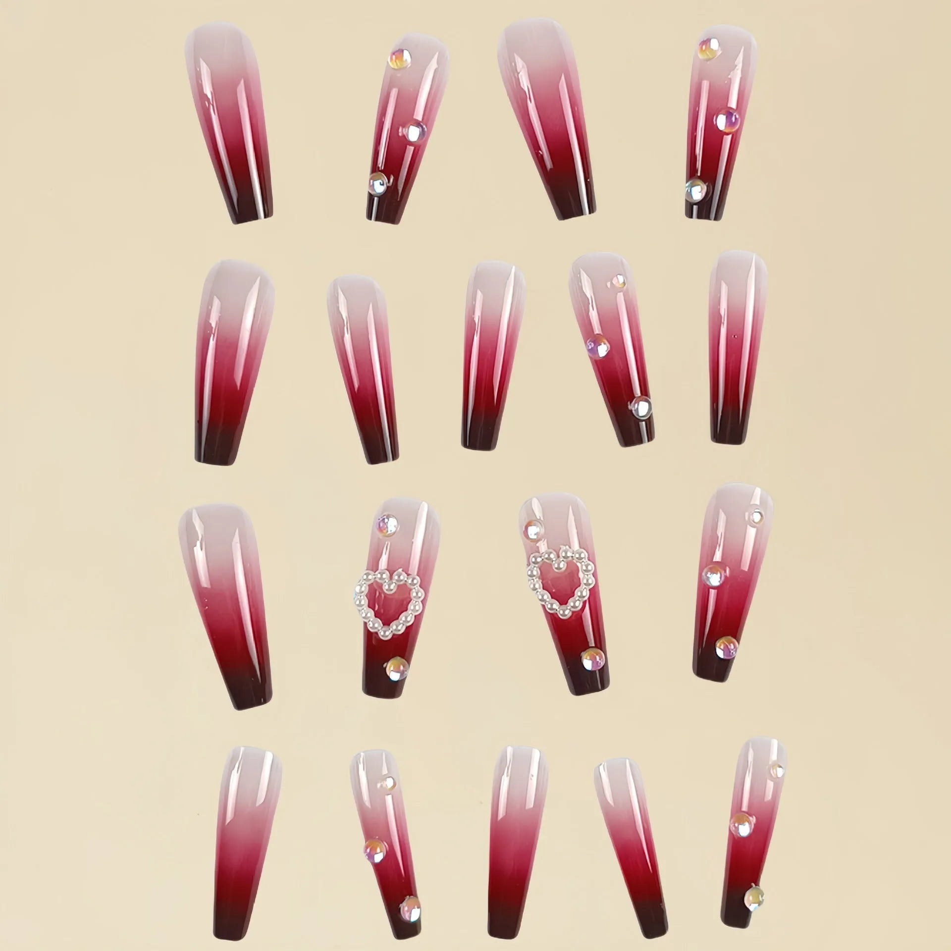 Wine red gradient fake nail tip with pearl heart accent and plaid pattern