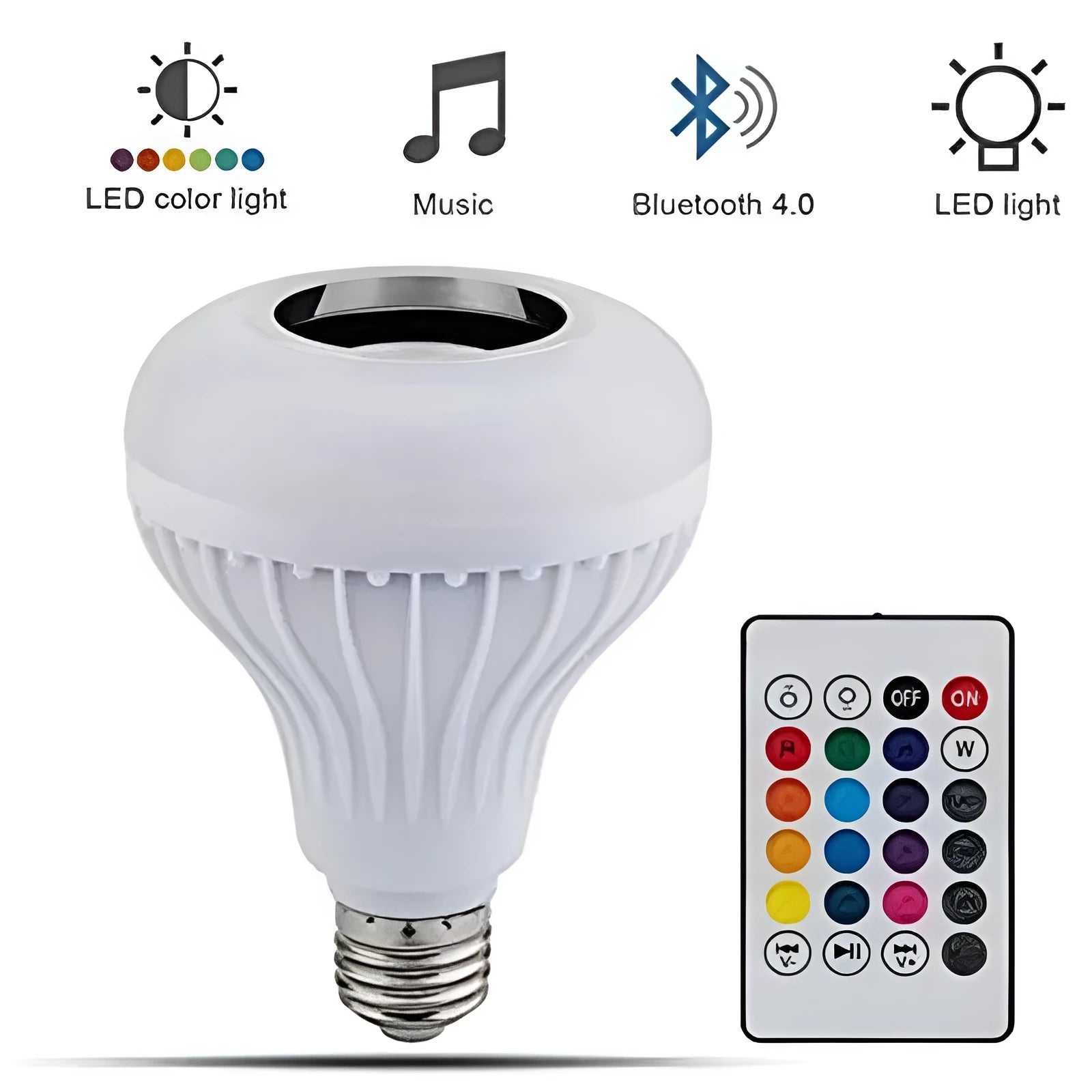 White smart LED bulb with E27 base featuring built-in Bluetooth speaker and remote control for 16 colour lighting.