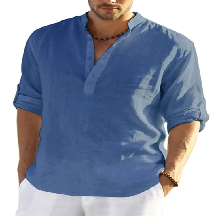 Men's casual cotton linen shirt in solid colour with stand collar and long sleeves