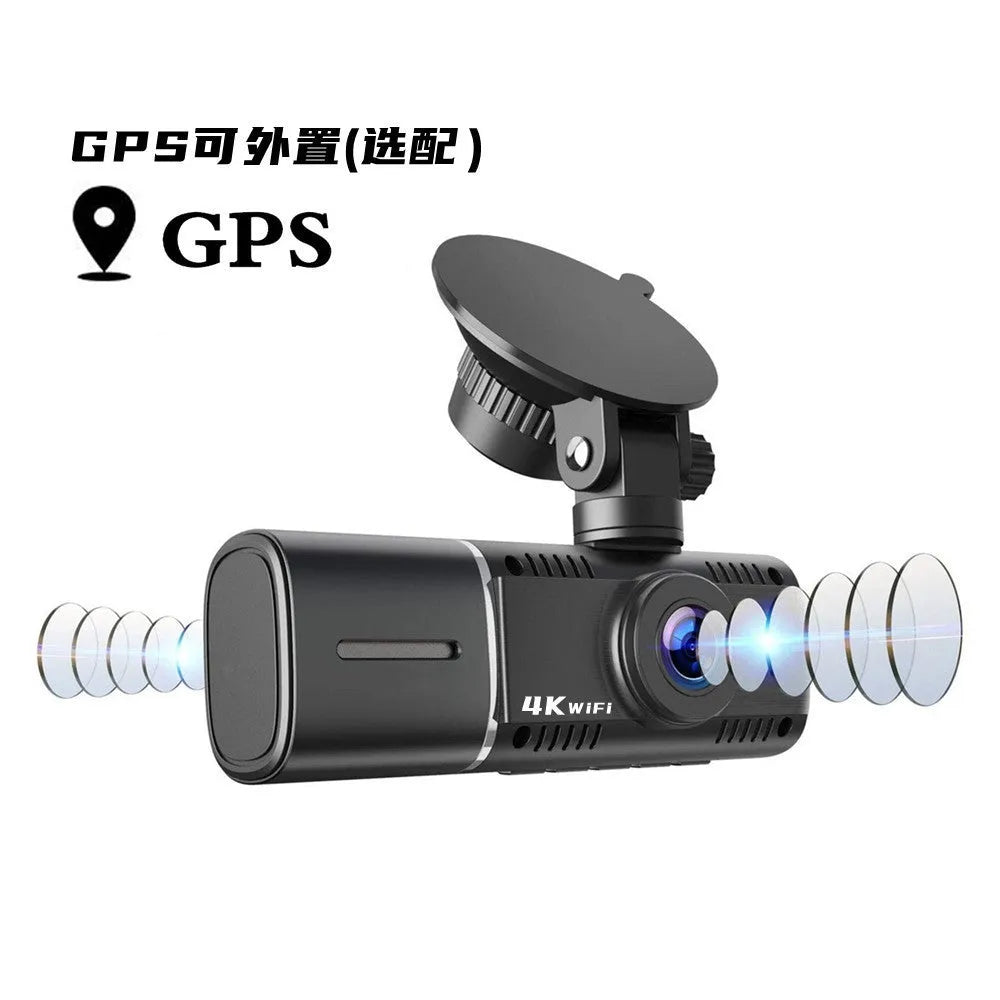 Standard black dual dash cam unit with 1.5-inch screen, shown with car charger and mounting stand.