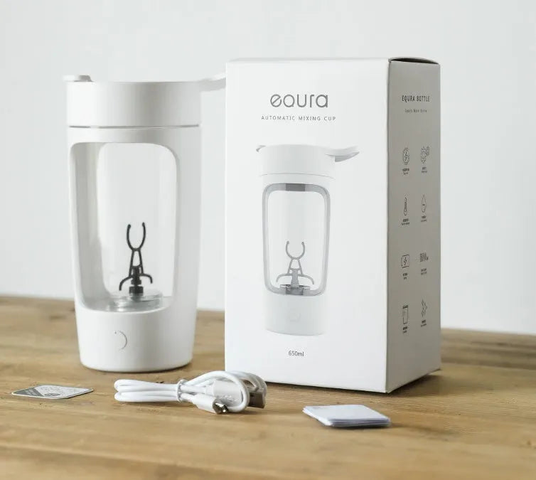 Portable USB rechargeable blender with automatic mixing cup in black, blue, pink, or white colours