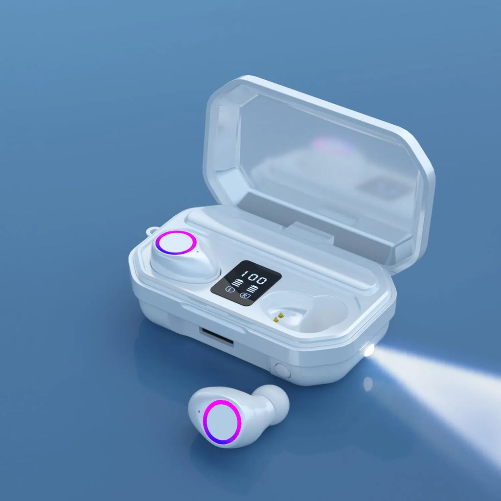 Wireless Bluetooth headset with HD LED digital power display on charging cabin, black colour, earplug style