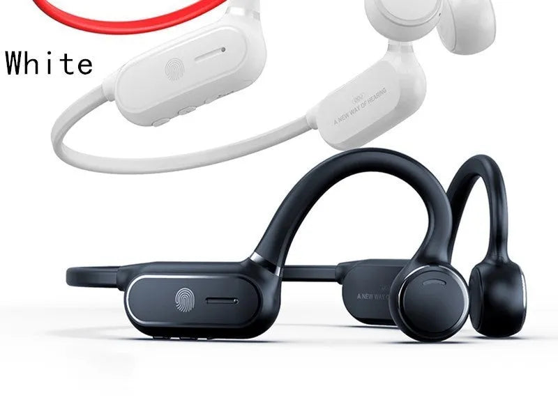 Black air conduction wireless earphone with ear-hooking design and touch controls.