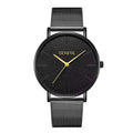 Men's quartz watch with 40mm round dial and silver alloy mesh strap on a neutral background