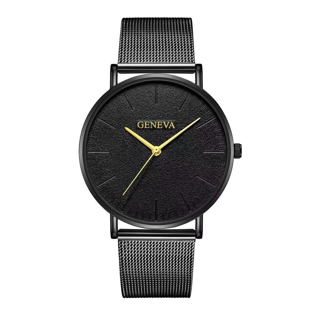 Men's quartz watch with 40mm round dial and silver alloy mesh strap on a neutral background