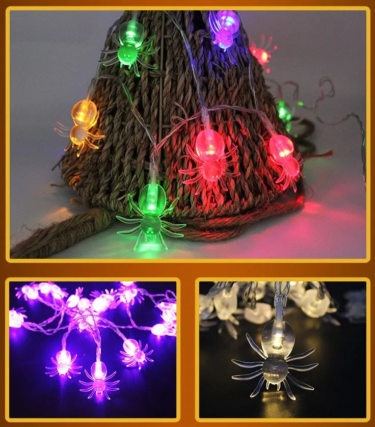 Halloween LED string lights with pumpkin, ghost, bat, and spider pendants measuring 1.2 metres