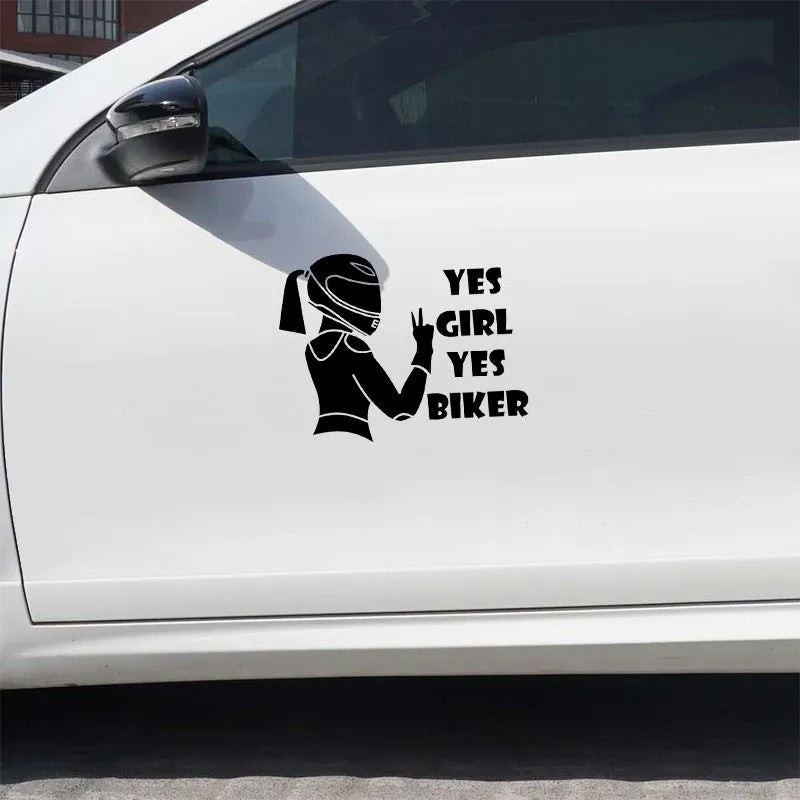 Rider girl character car waterproof sticker measuring 16cm by 15cm in black colour