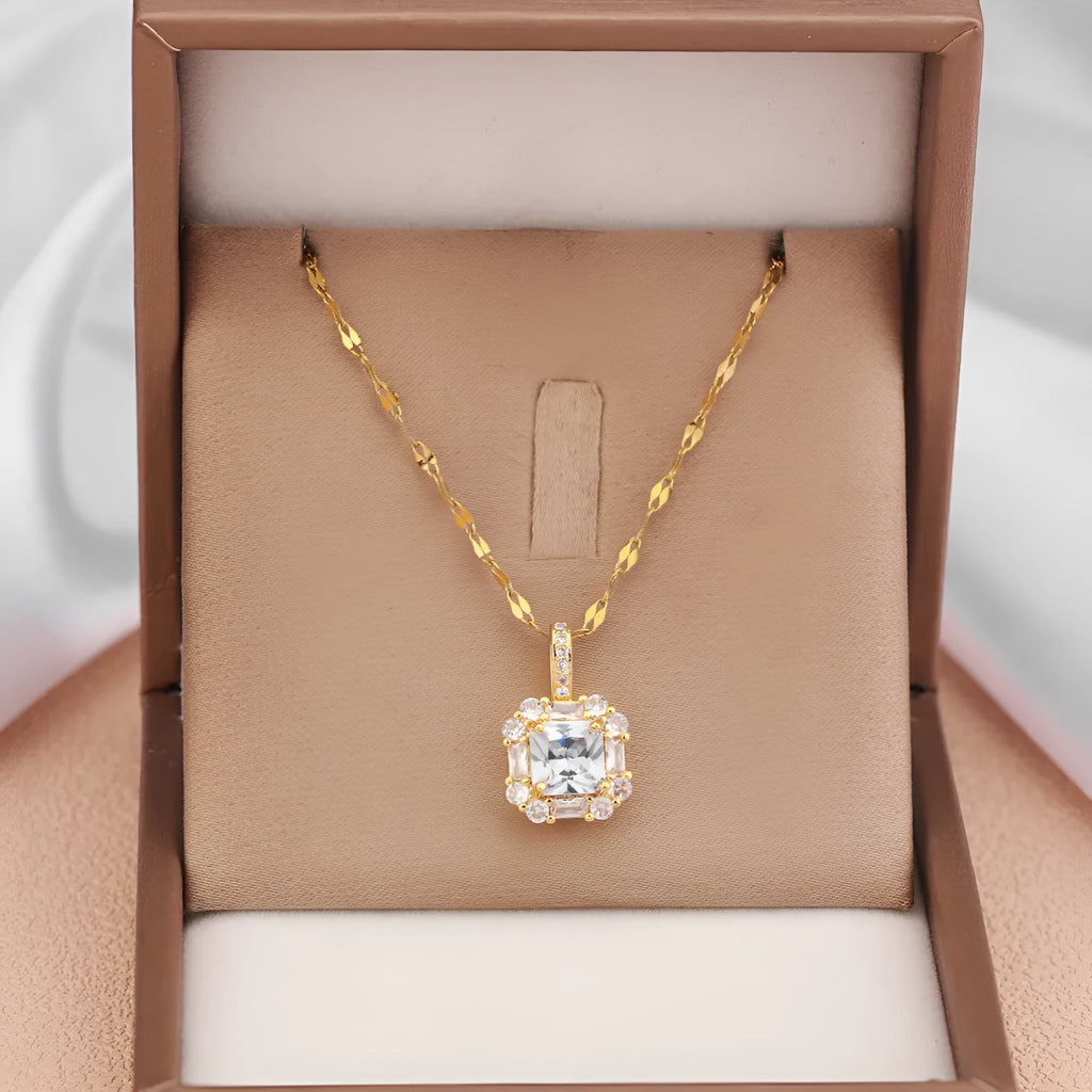 Women's geometric quadrilateral pendant necklace with mixed gem and zircon inlay on titanium steel chain