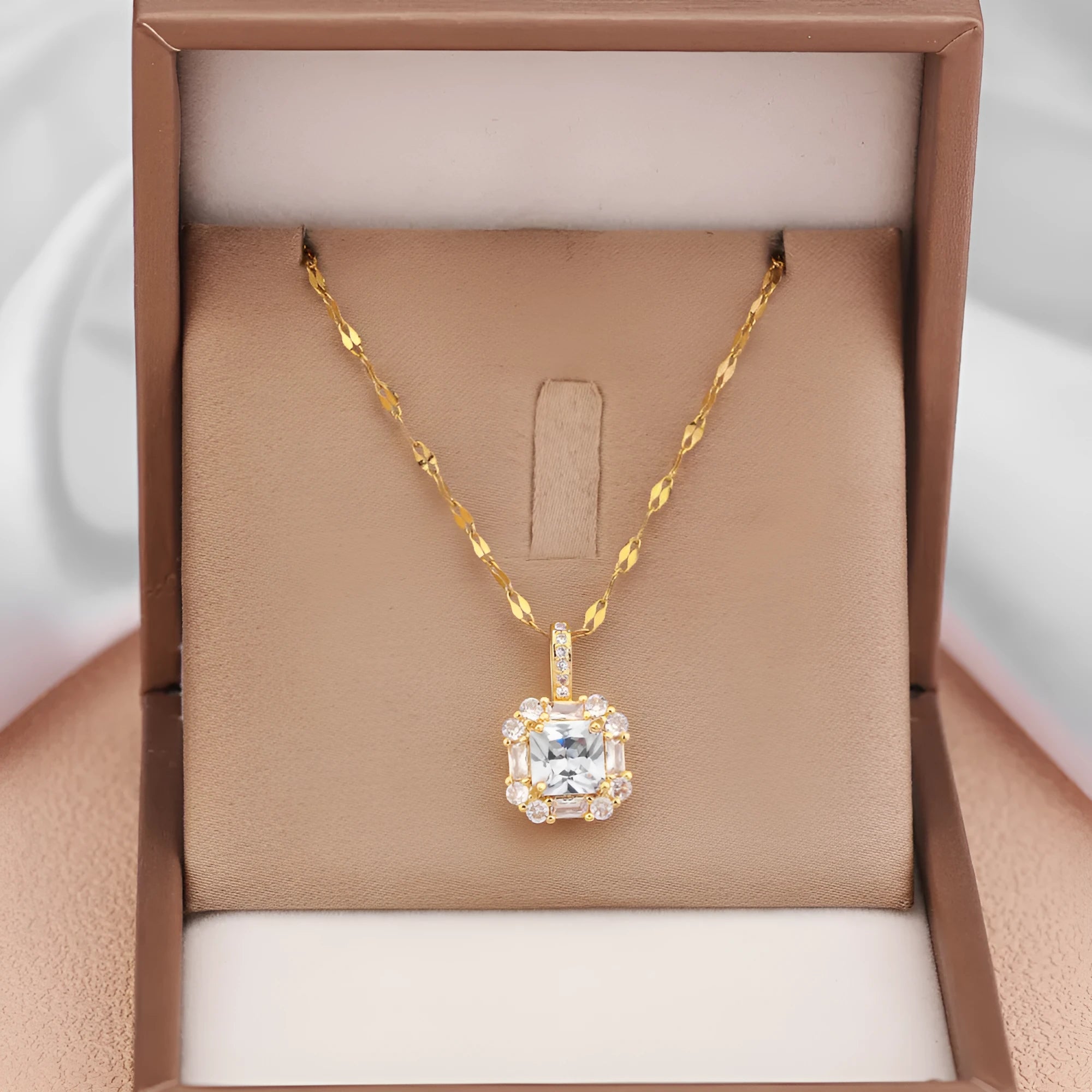 Women's geometric quadrilateral pendant necklace with mixed gem and zircon inlay on titanium steel chain