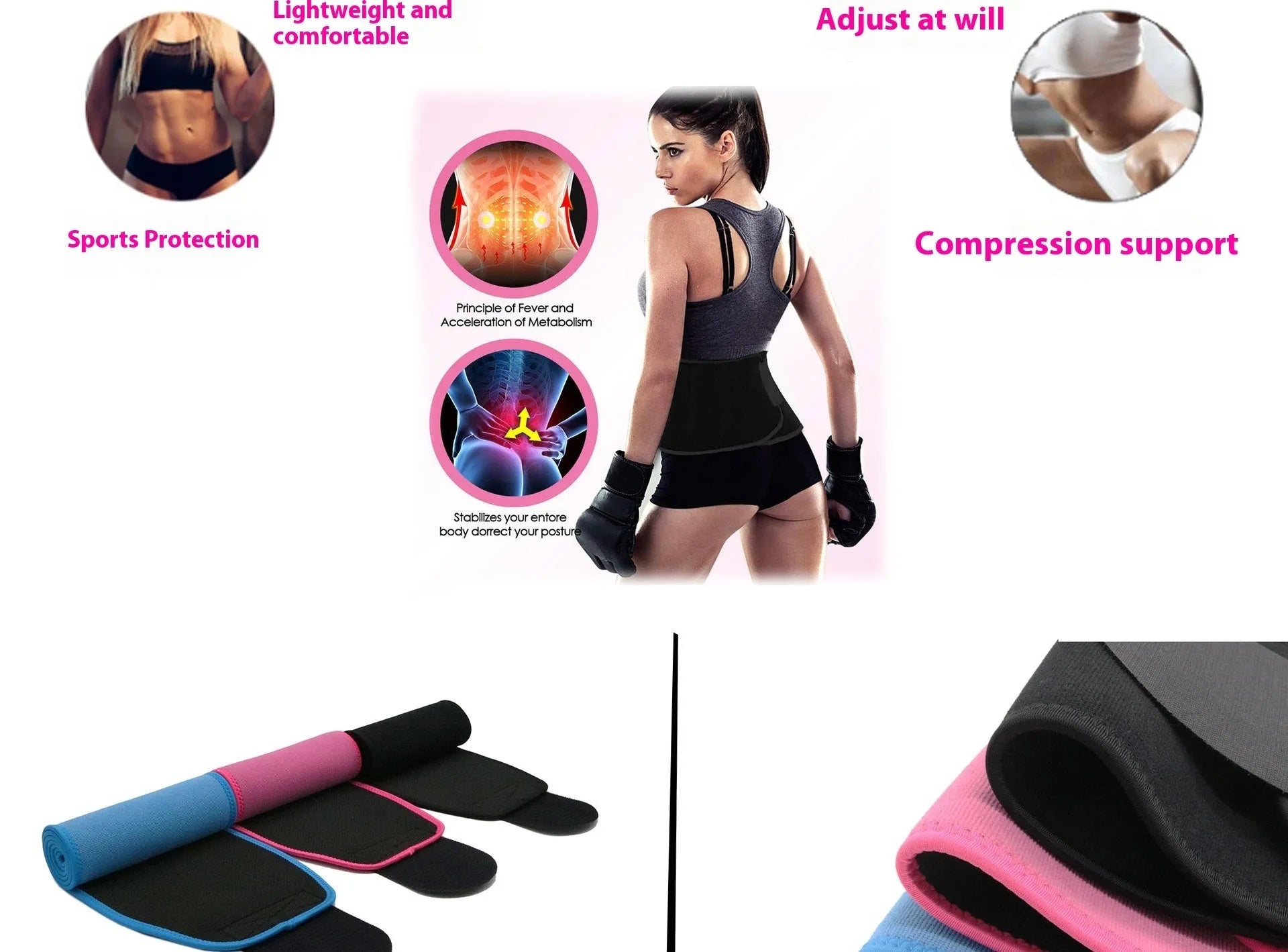 Neoprene lumbar support belt for fitness and sport in black, blue, and pink colour options