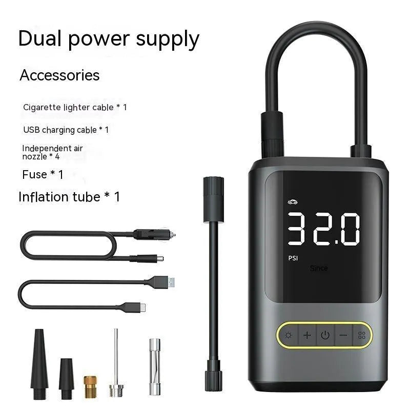 Handheld wireless digital tyre inflator with display showing pressure reading