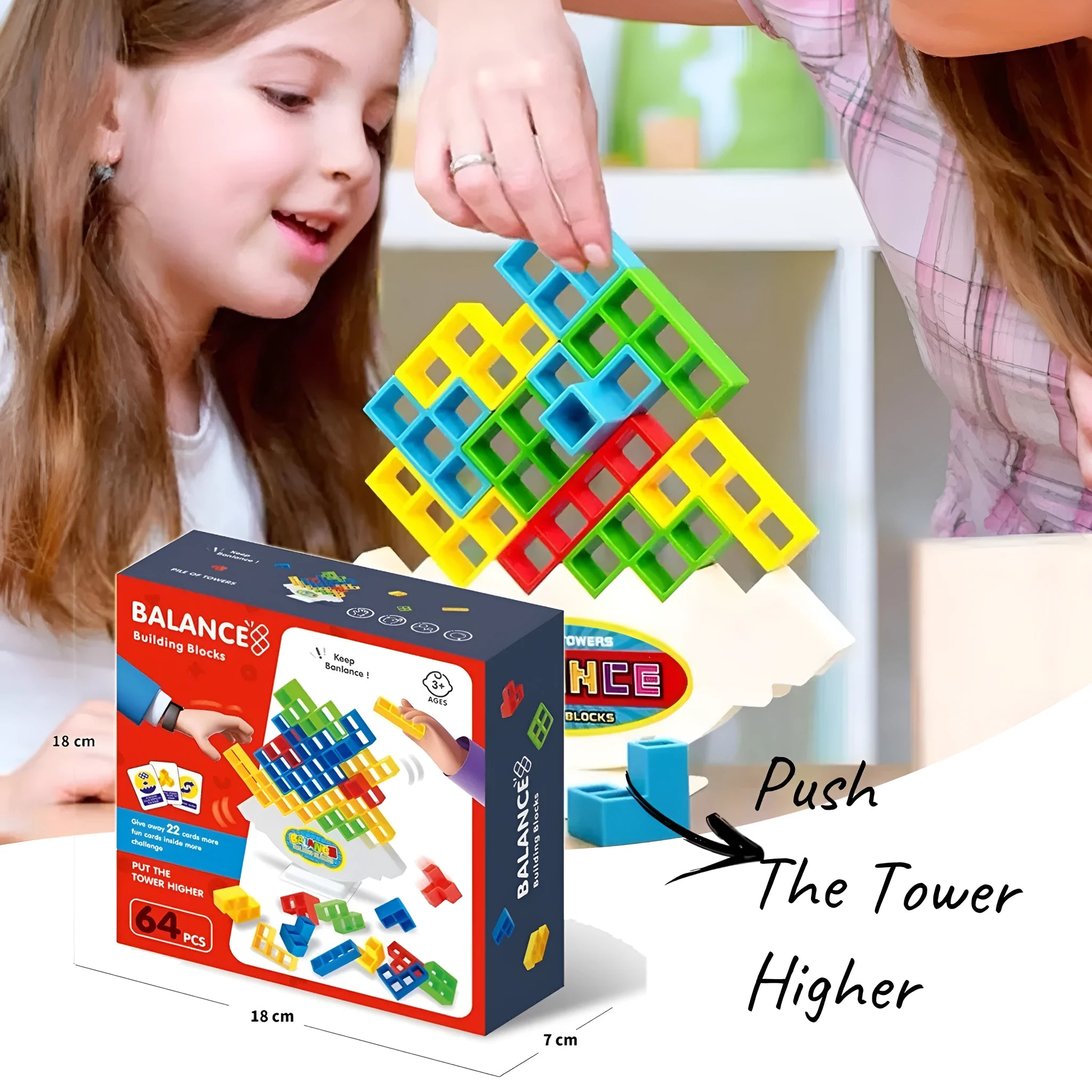 Plastic balance stacking game with 16 coloured blocks, chassis and base on a table
